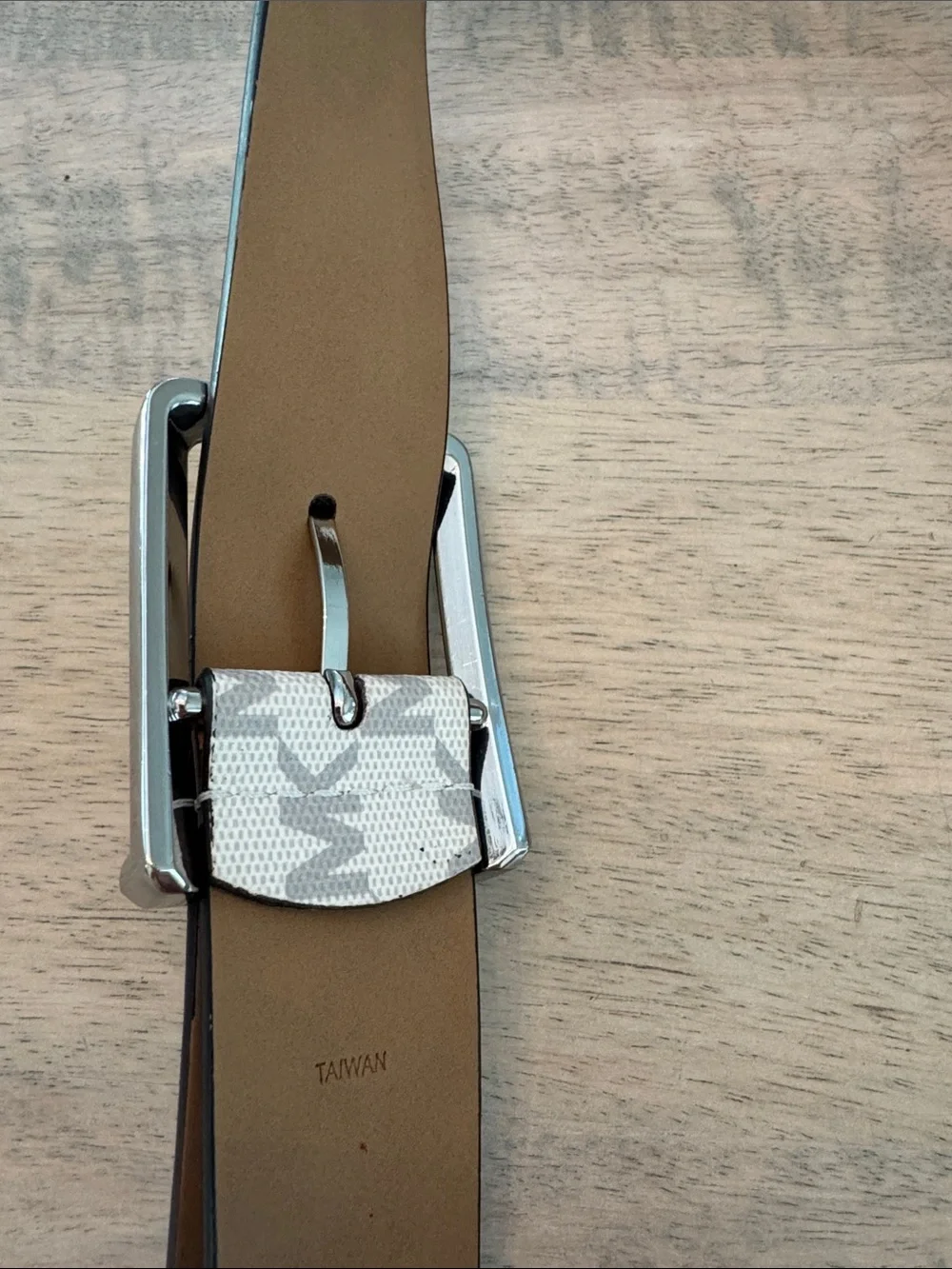 Michael Kors Men's White and Gray MK Logo Belt with Silver Buckle